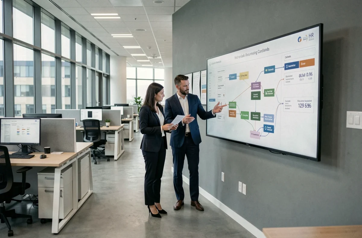 Deux professionnels des ressources humaines analysant des données de recrutement dans un grand bureau moderne